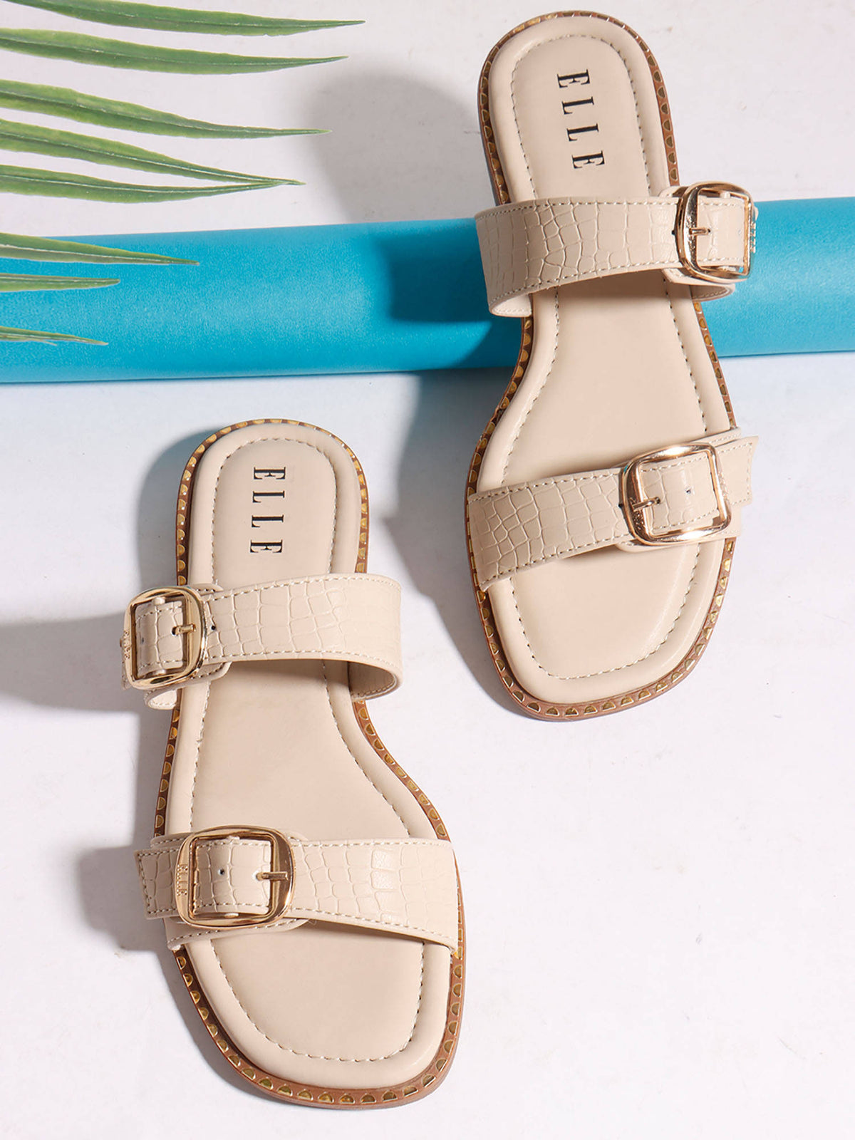 Beige Women's Double-Strap Buckle Flats | F61 - view 4