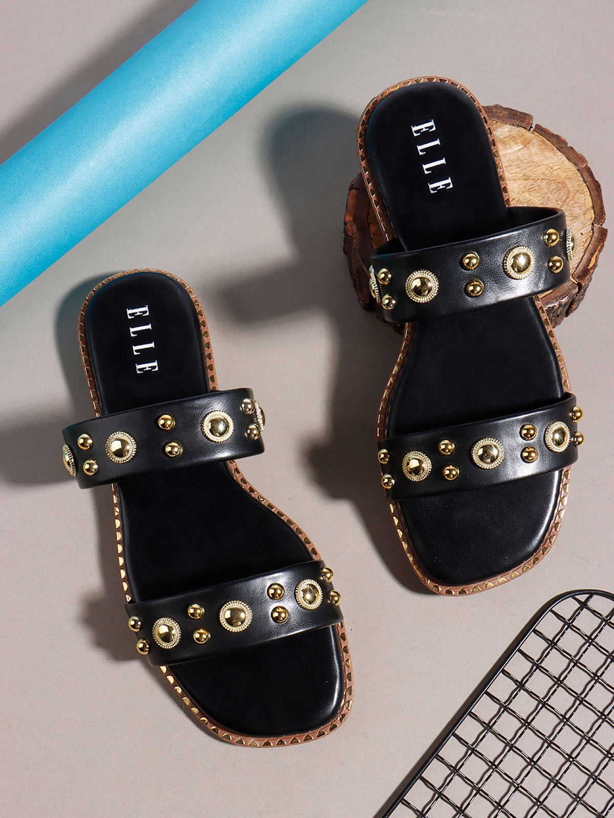 Black Women's Double-Strap Studded Flats | F61 - view 4