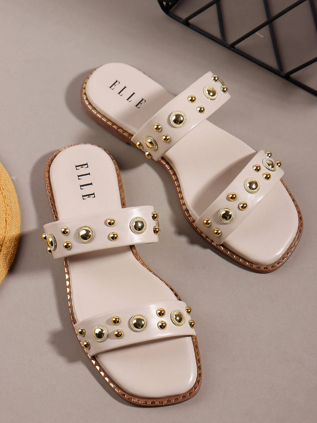 Cream Women's Double-Strap Studded Flats | F61 - view 4
