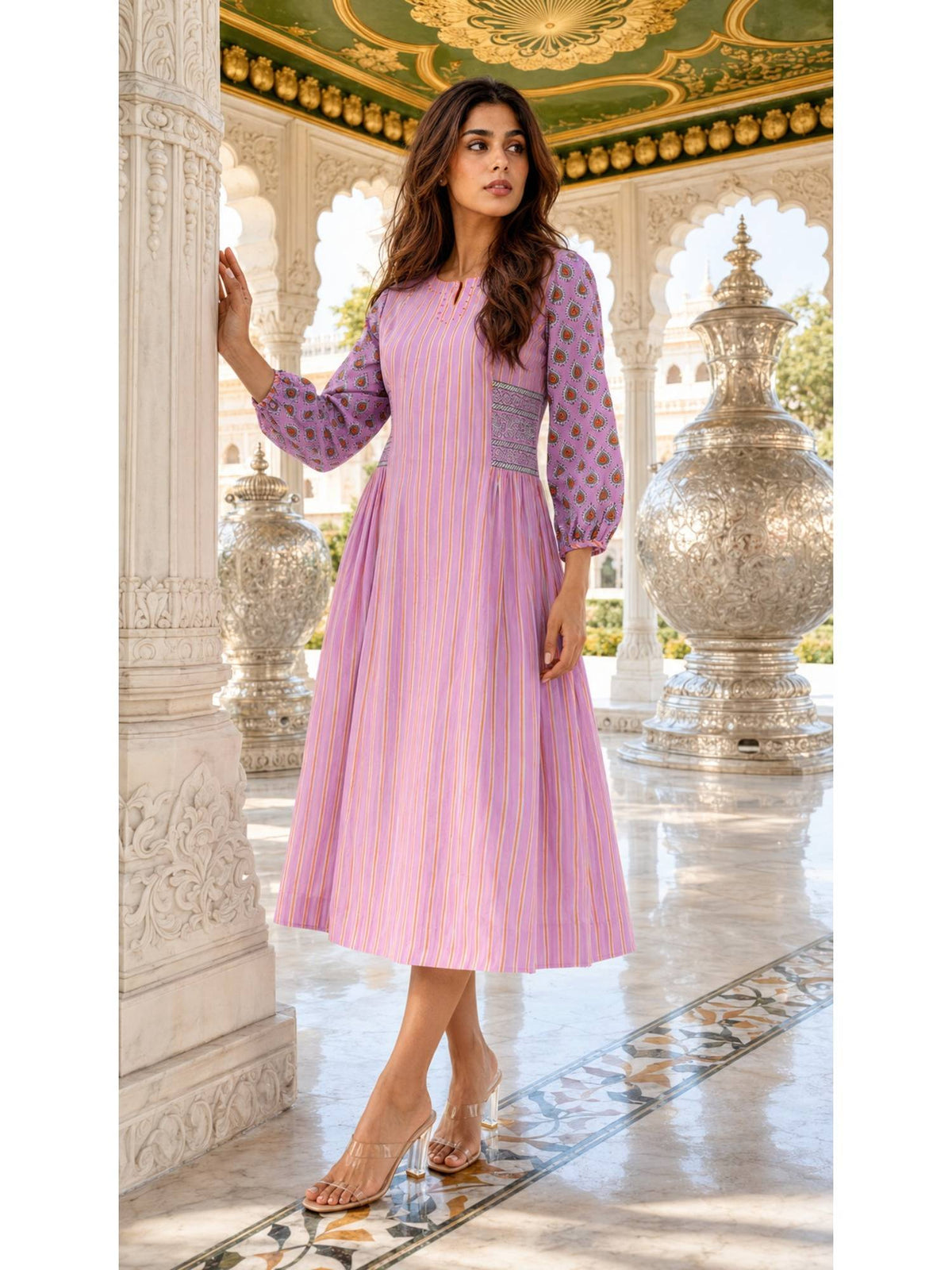 Pink Block Printed Cotton Dress with Hand Work on Neck | D56 - view 1