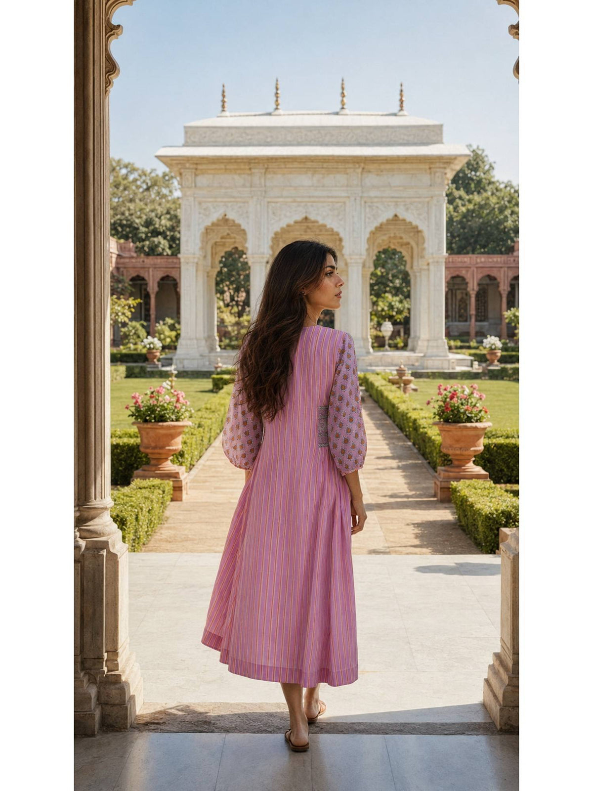 Pink Block Printed Cotton Dress with Hand Work on Neck | D56 - view 2