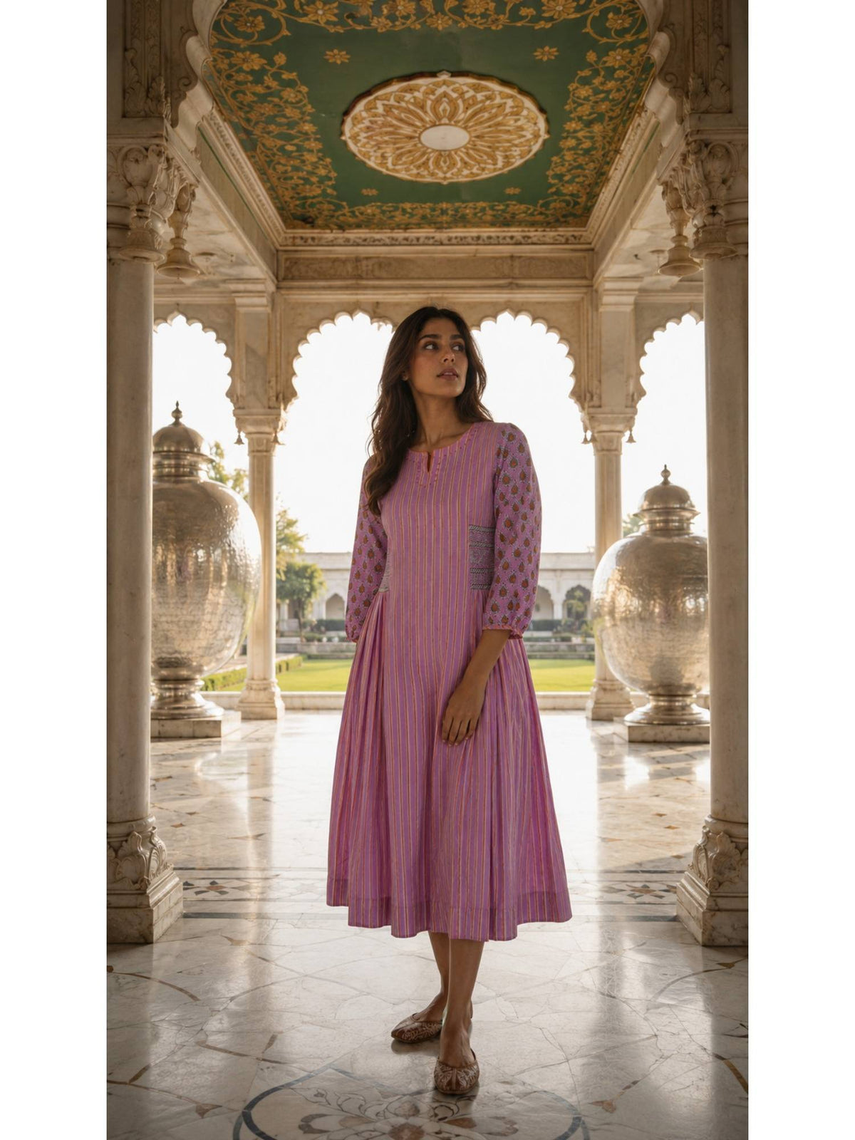 Pink Block Printed Cotton Dress with Hand Work on Neck | D56 - view 3