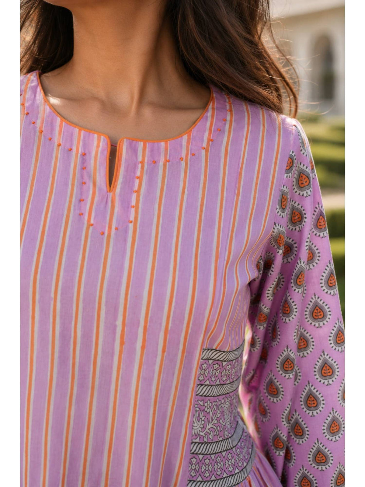 Pink Block Printed Cotton Dress with Hand Work on Neck | D56 - view 4