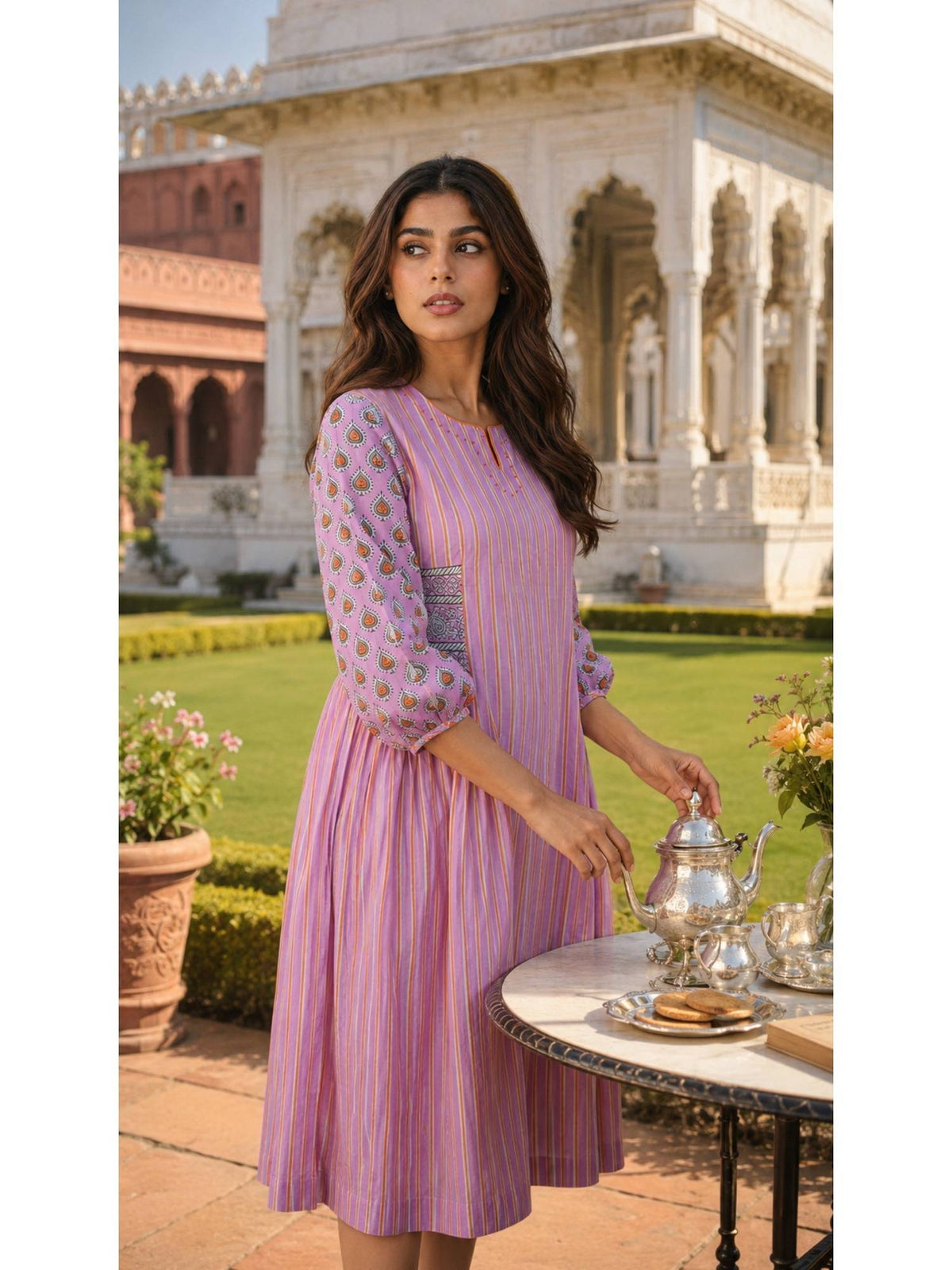 Pink Block Printed Cotton Dress with Hand Work on Neck | D56 - view 5
