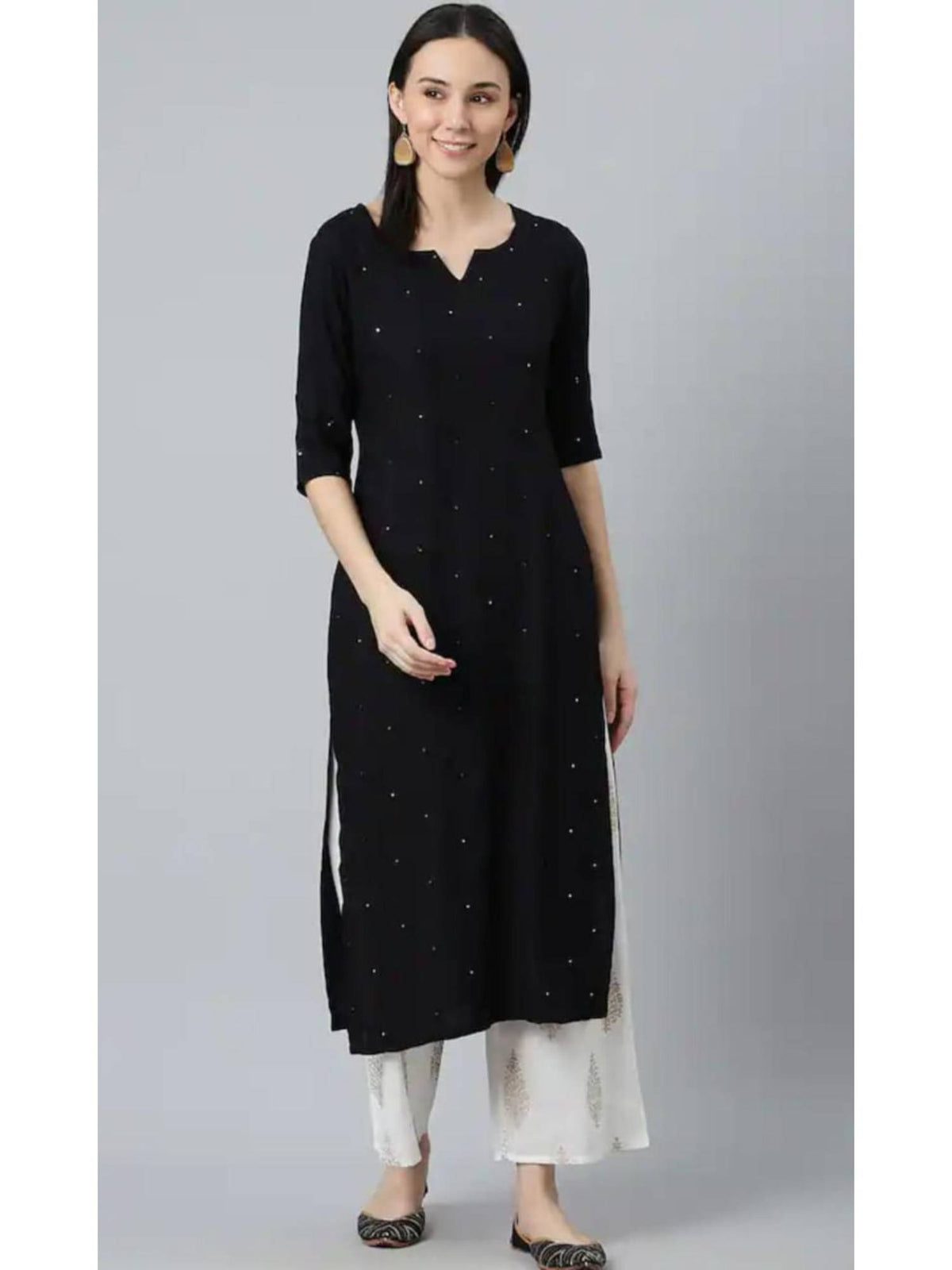 Womens Black Embroidered And Mirror Work Straight Kurta | U3S - view 1