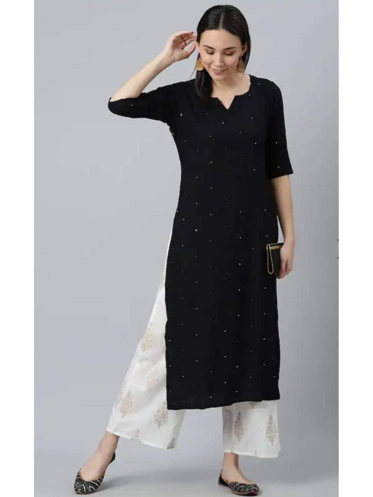 Womens Black Embroidered And Mirror Work Straight Kurta | FY93 - view 4