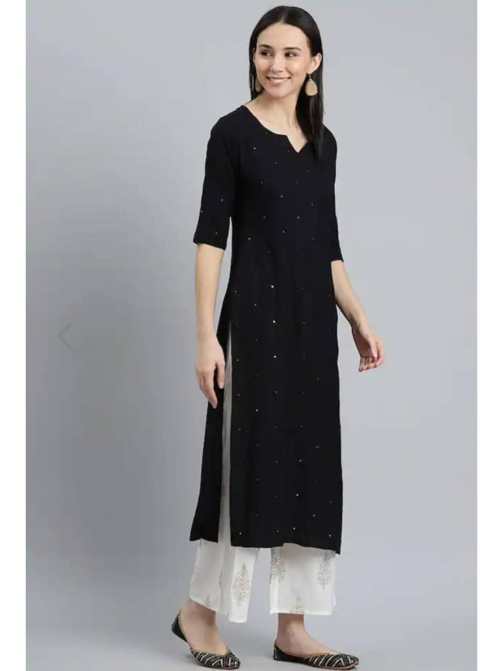 Womens Black Embroidered And Mirror Work Straight Kurta | U3S - view 5