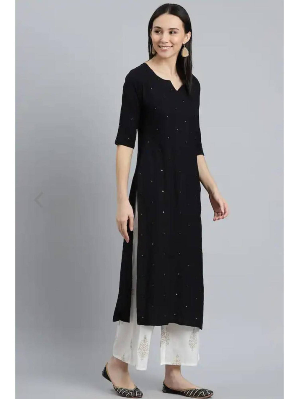 Womens Black Embroidered And Mirror Work Straight Kurta | U3S - view 5