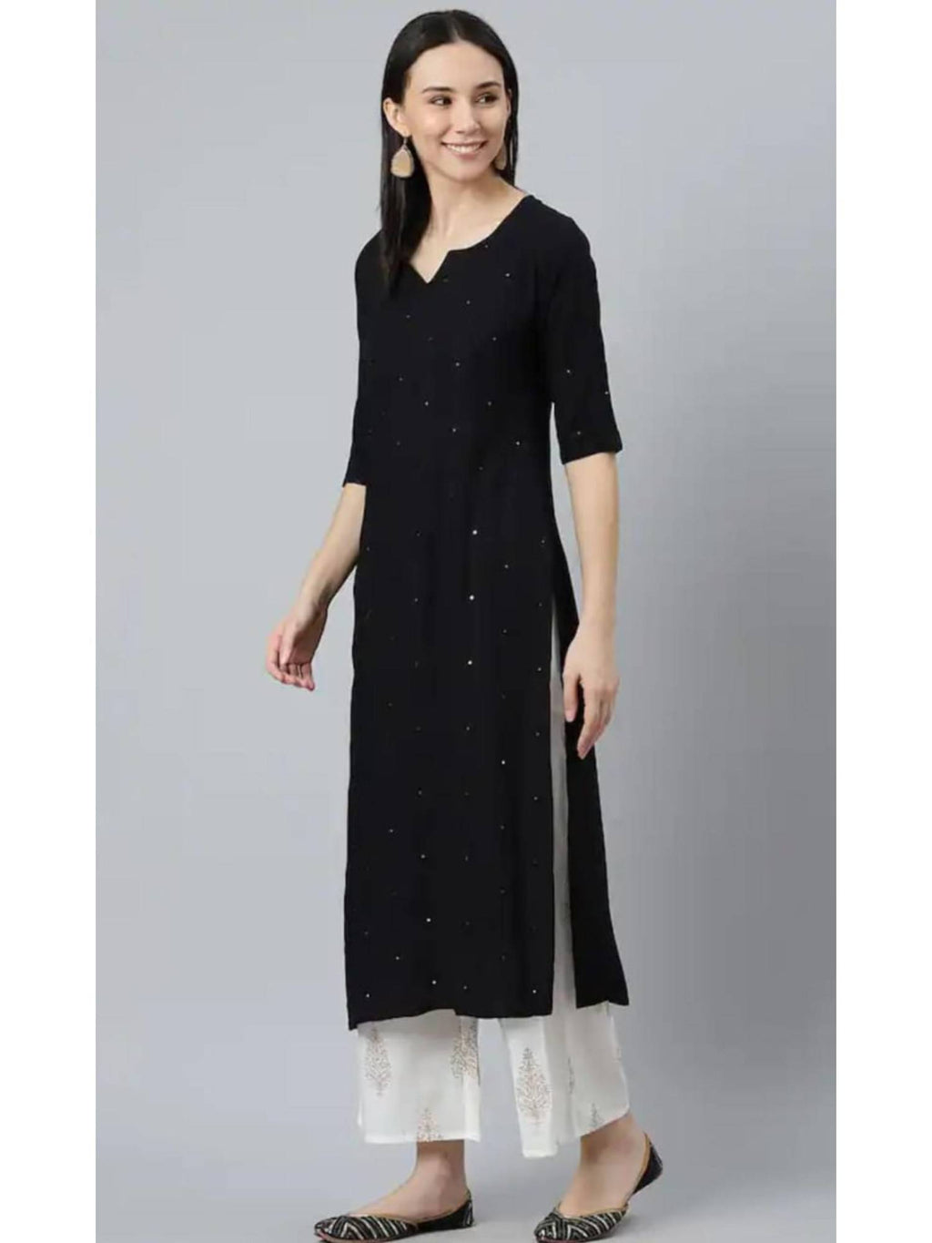 Womens Black Embroidered And Mirror Work Straight Kurta | FY93 - view 6