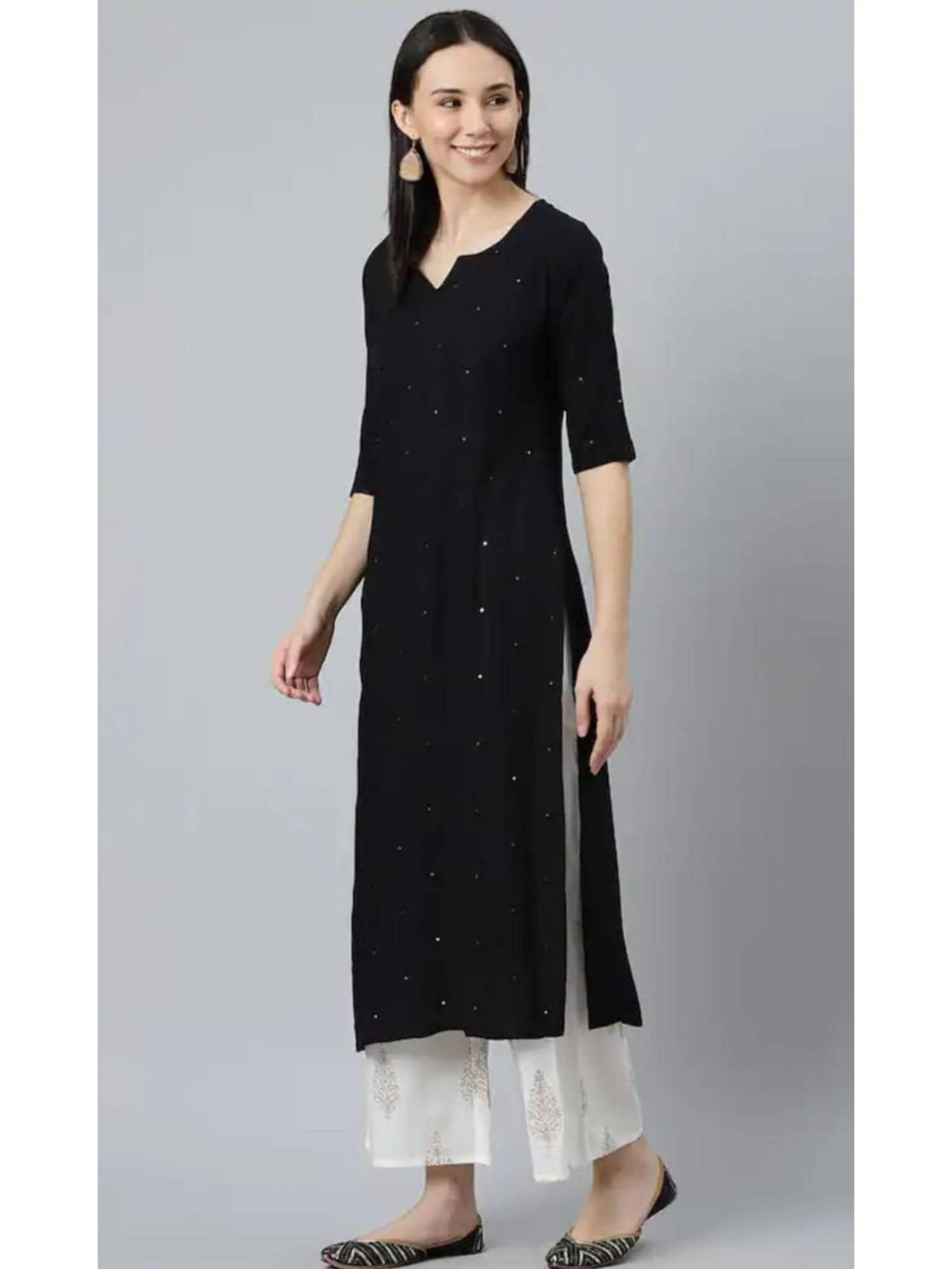 Womens Black Embroidered And Mirror Work Straight Kurta | U3S - view 6