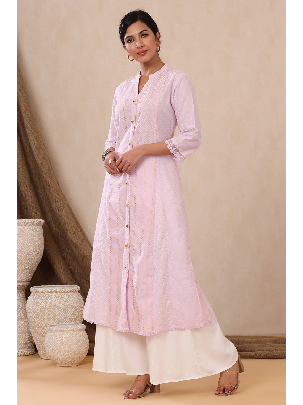 Grey Solid Cotton Dobby A-Line Kurta with Buttons | KDG - view 10