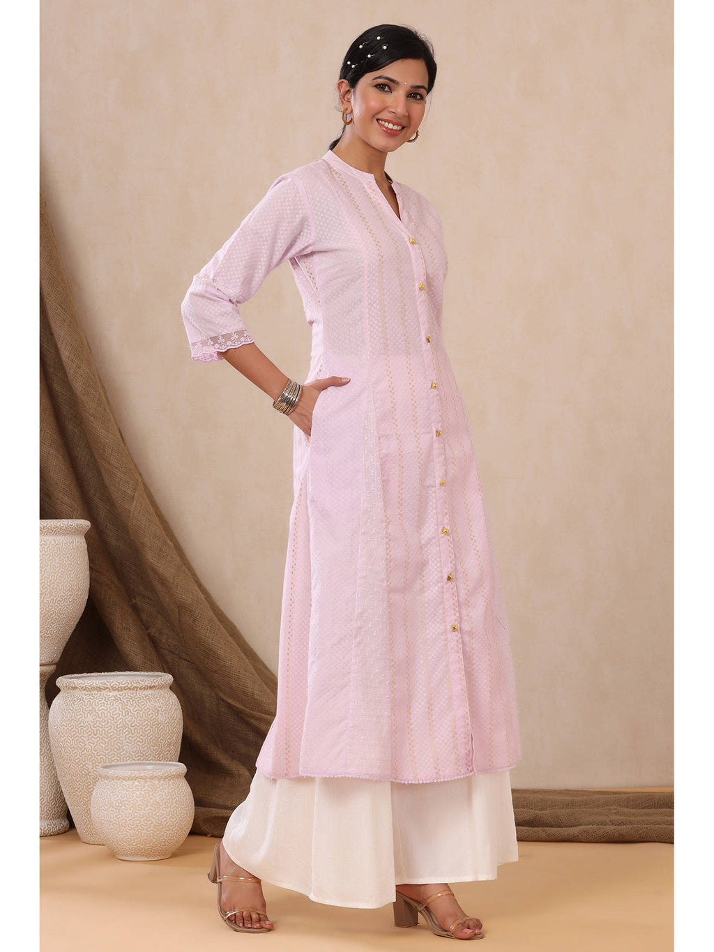 Grey Solid Cotton Dobby A-Line Kurta with Buttons | KDG - view 11