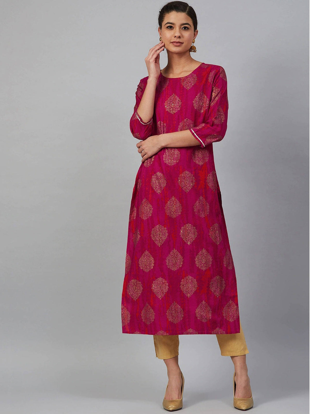 Women Pink & Golden Printed Straight Dyed Kurta | FY93 - view 1