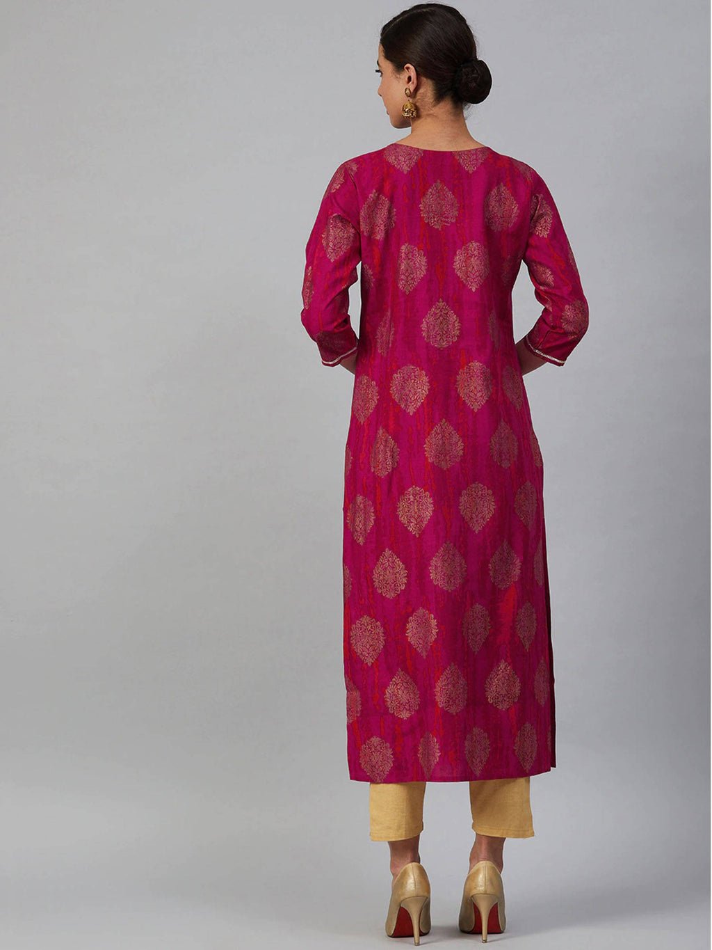 Women Pink & Golden Printed Straight Dyed Kurta | FY93 - view 2