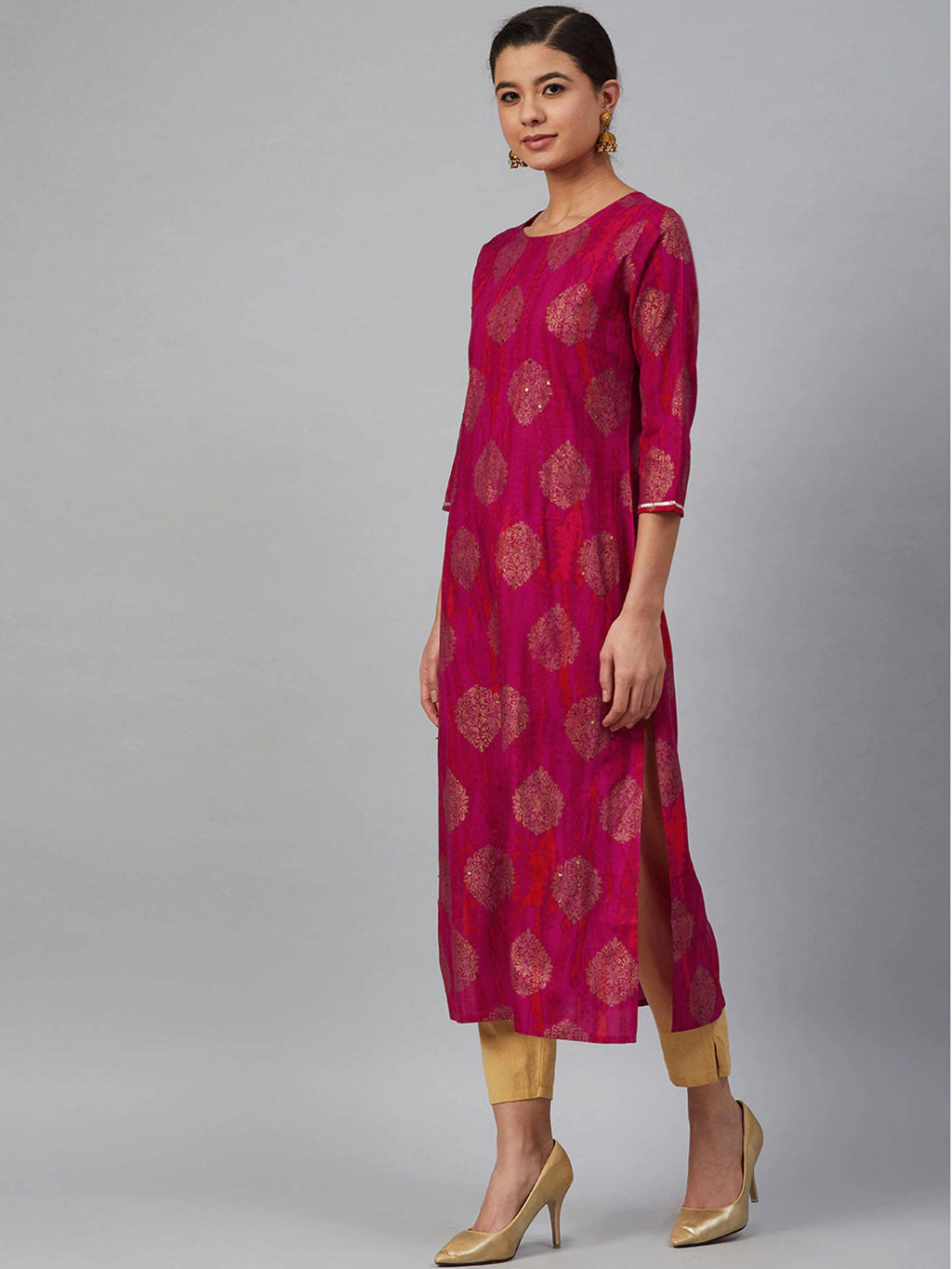 Women Pink & Golden Printed Straight Dyed Kurta | FY93 - view 4