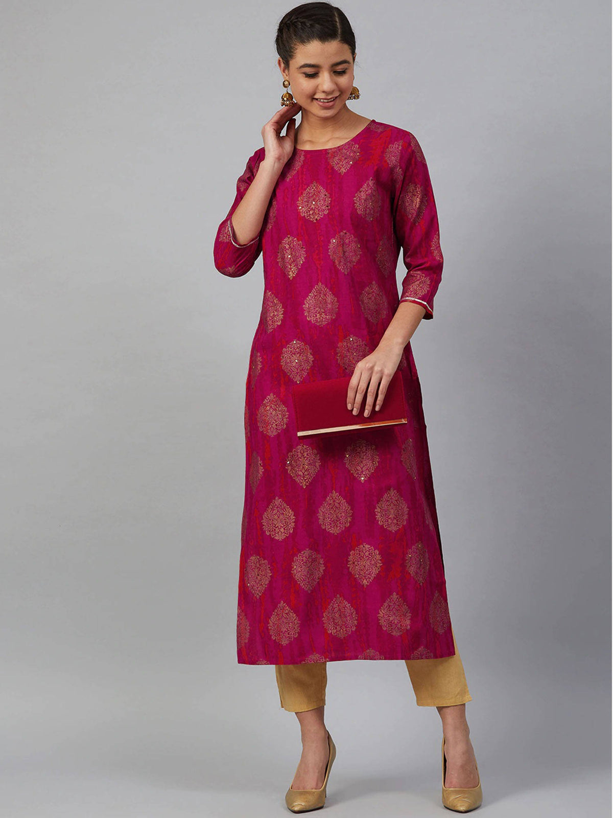Women Pink & Golden Printed Straight Dyed Kurta | FY93 - view 5