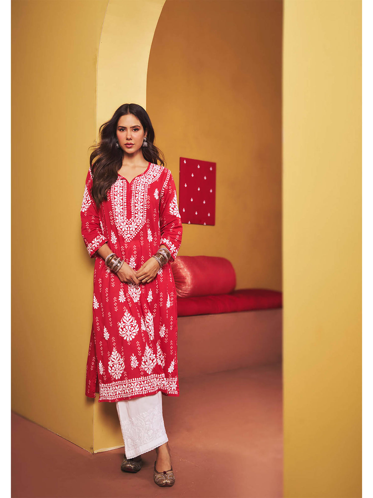 Sonam Chikankari Straight Kurta - Red | FY93 - view 1