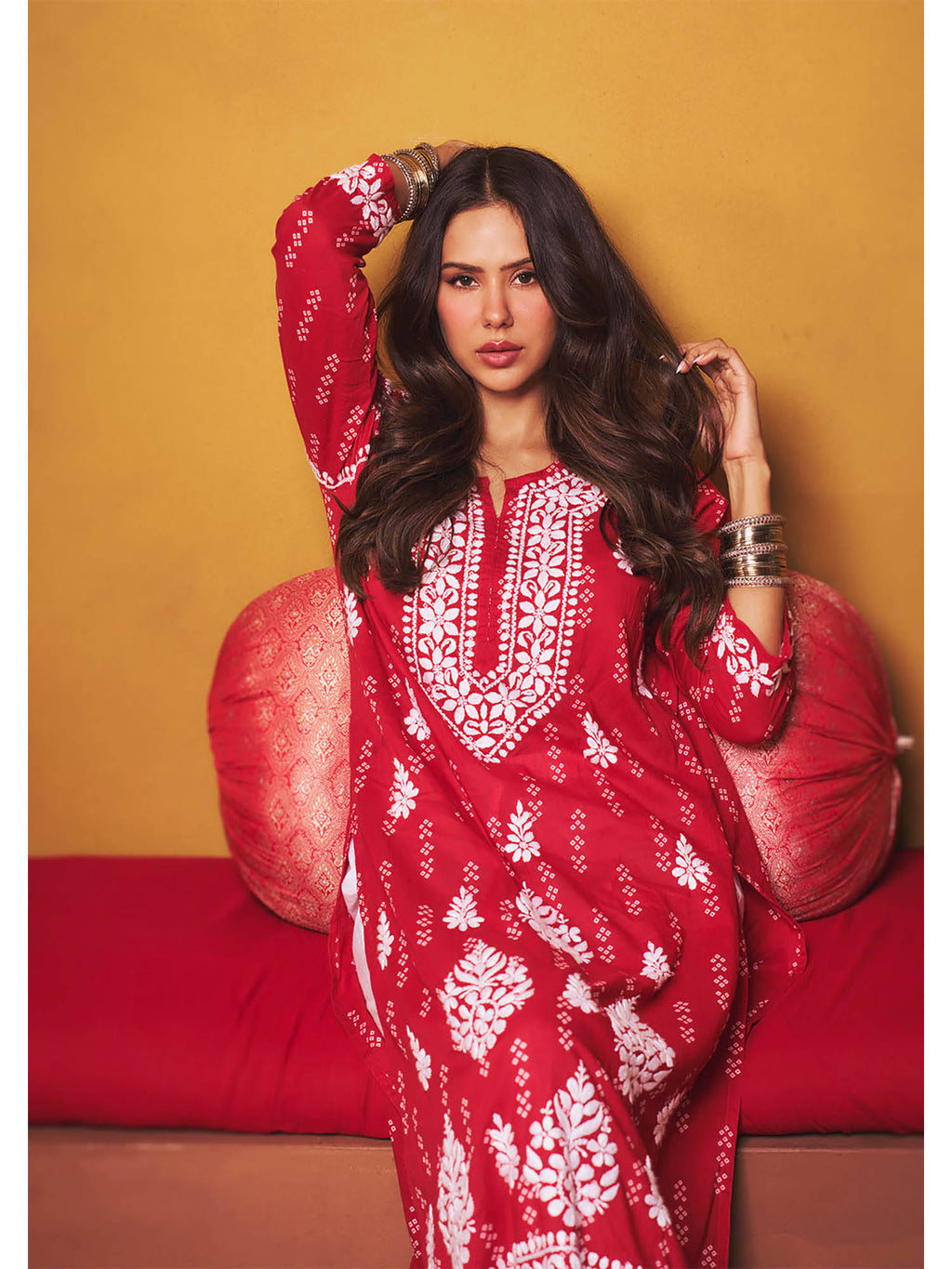Sonam Chikankari Straight Kurta - Red | U3S - view 2