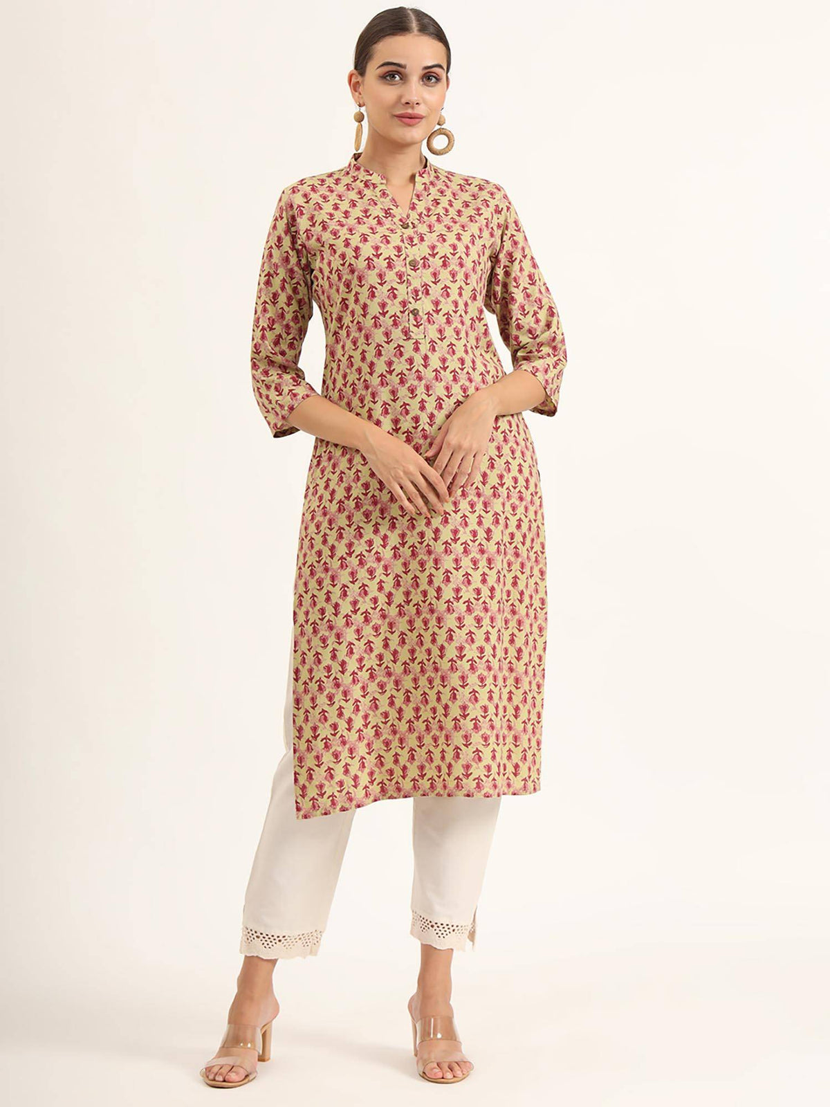 Red Floral Print Pure Cotton Straight Kurta | KDG - view 1