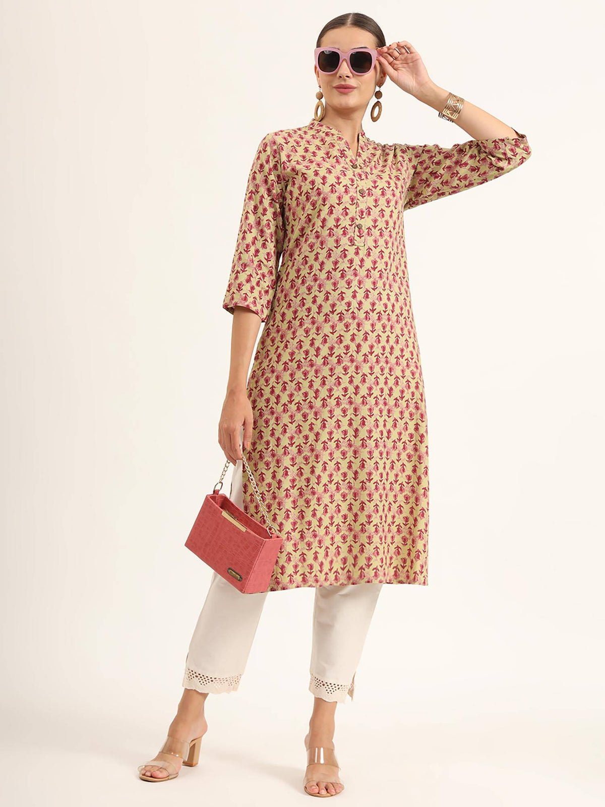 Red Floral Print Pure Cotton Straight Kurta | FY93 - view 6