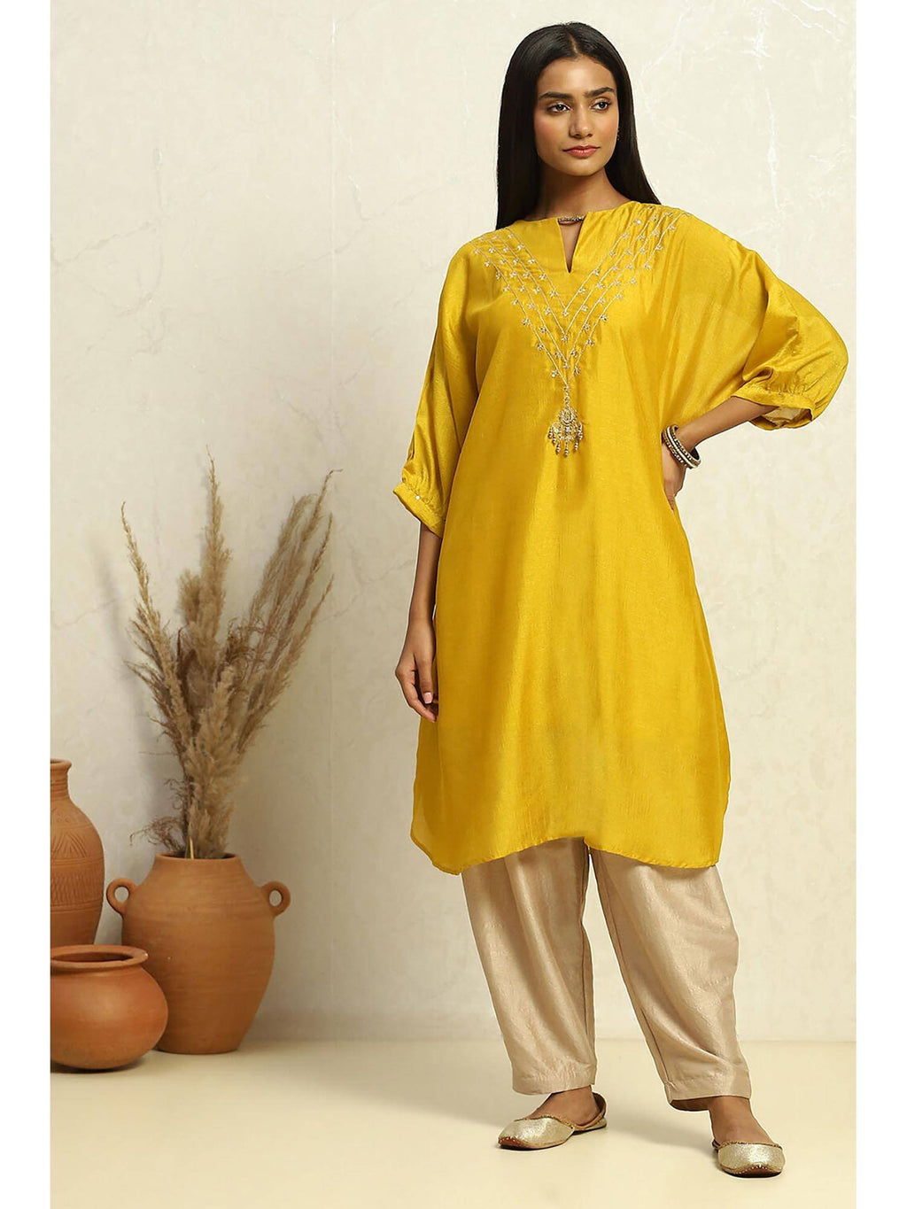 Womens Yellow Solid Festive Straight Kurta | U3S - view 1