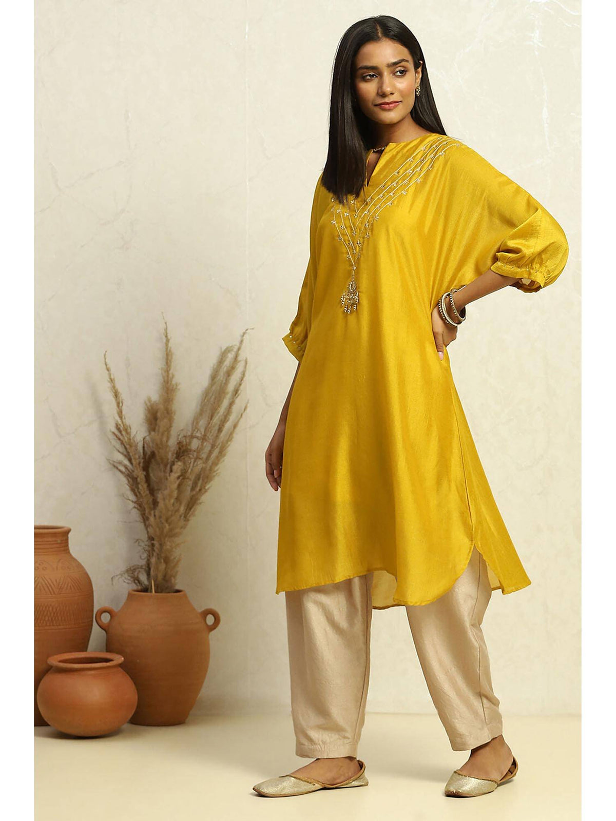 Womens Yellow Solid Festive Straight Kurta | U3S - view 3