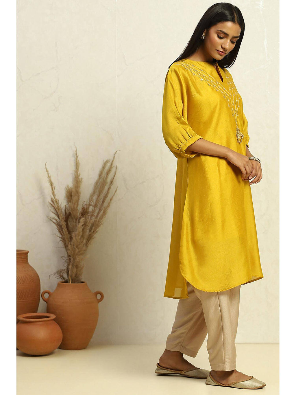 Womens Yellow Solid Festive Straight Kurta | U3S - view 5