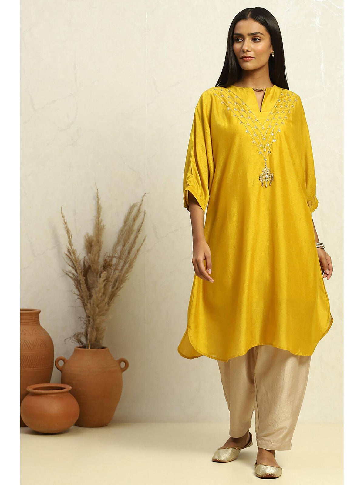 Womens Yellow Solid Festive Straight Kurta | FY93 - view 6