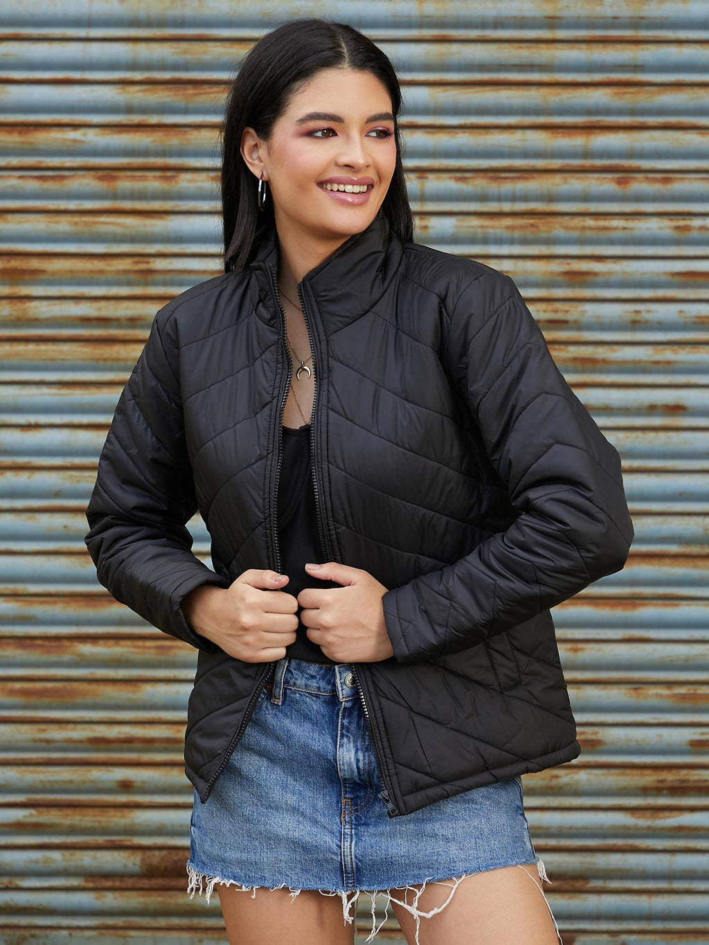 Black Solid Puffer Jacket | JC78 - view 1