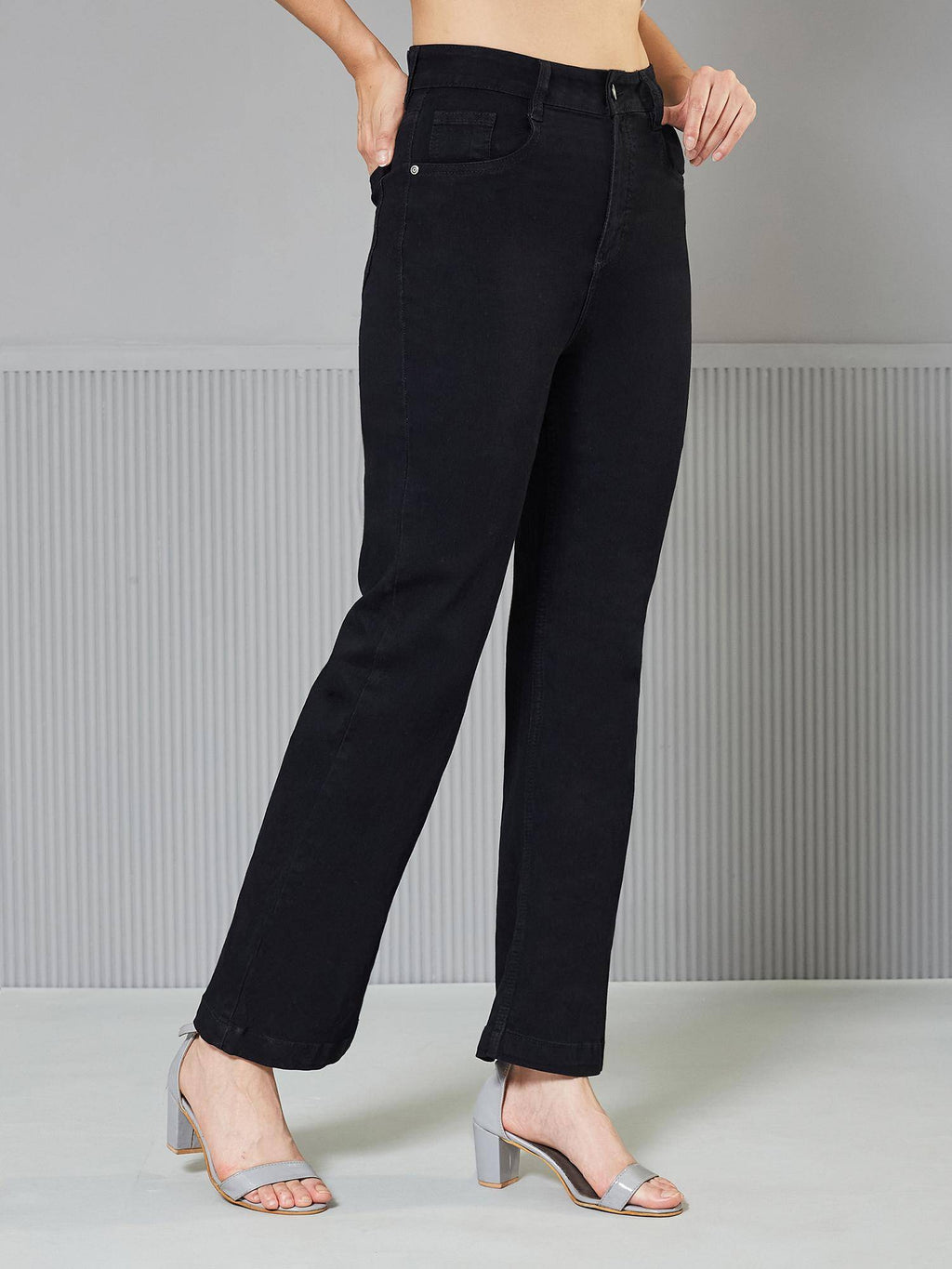 Womens Black Straight High Rise Stretchable Denim Jeans | ST23 - view 1