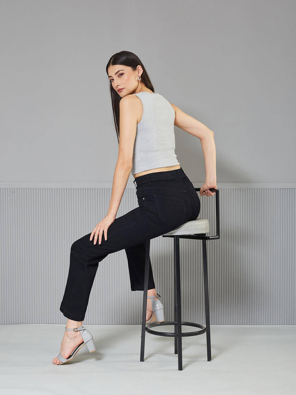 Womens Black Straight High Rise Stretchable Denim Jeans | ST23 - view 2
