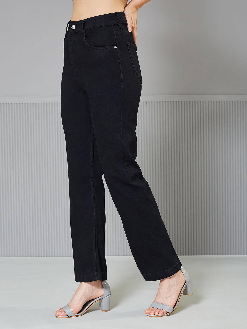 Womens Black Straight High Rise Stretchable Denim Jeans | ST23 - view 3
