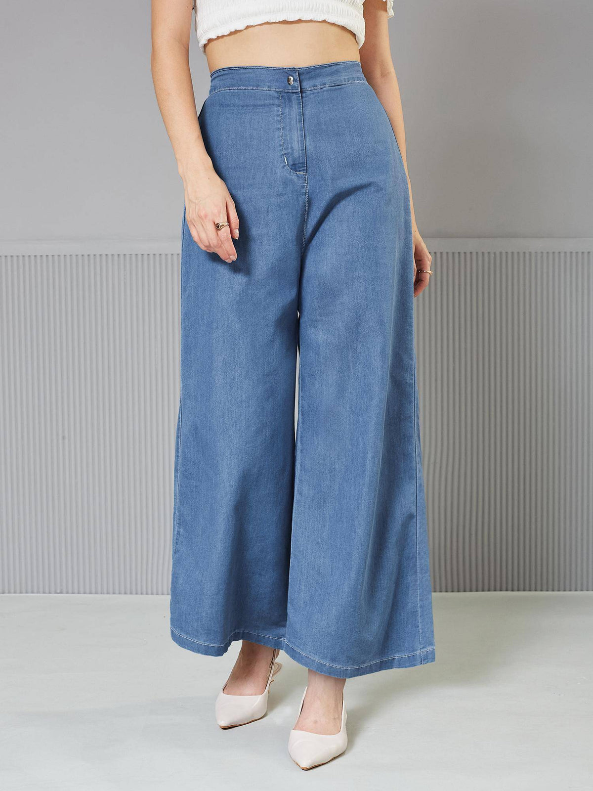 Womens Blue Flared Wide Leg High Rise Non Stretchable Denim Jeans | WL90 - view 1