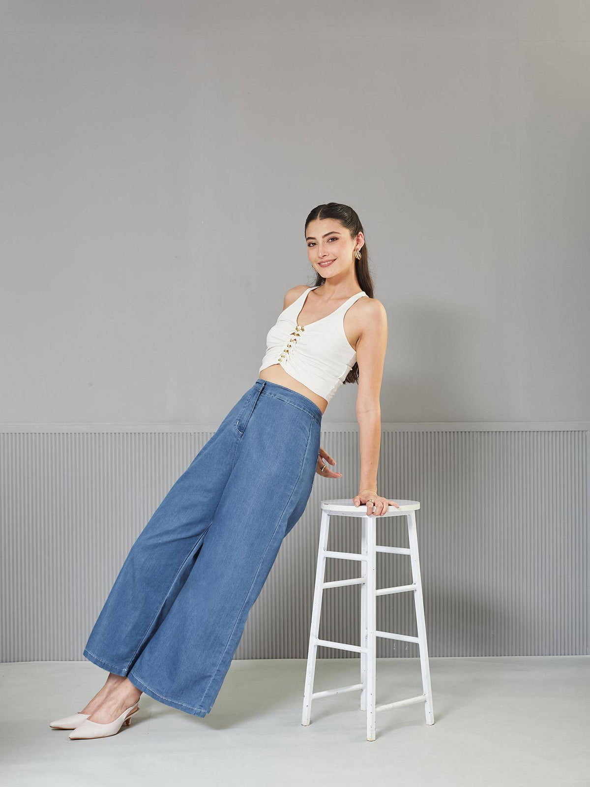 Womens Blue Flared Wide Leg High Rise Non Stretchable Denim Jeans | WL90 - view 2
