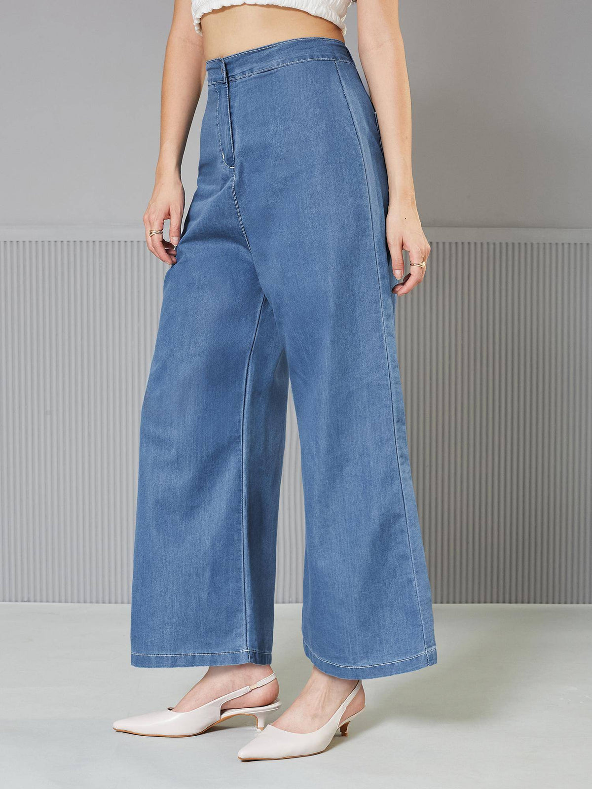 Womens Blue Flared Wide Leg High Rise Non Stretchable Denim Jeans | WL90 - view 3