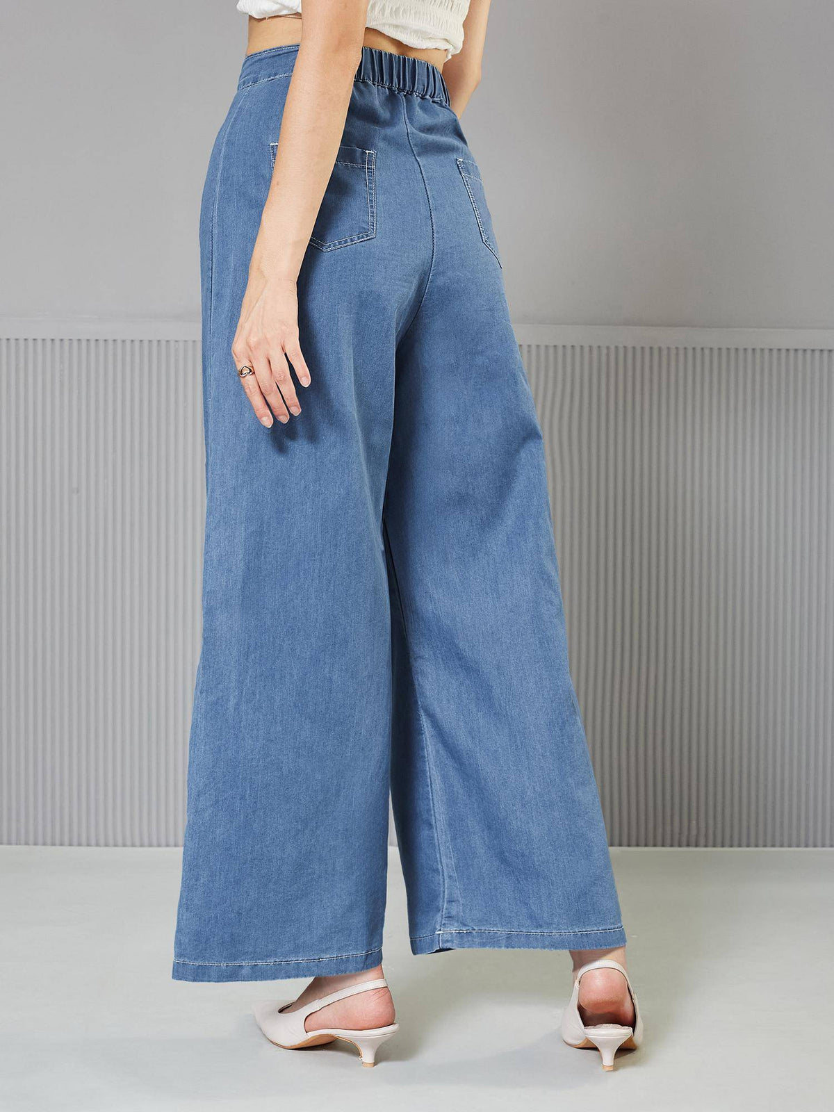 Womens Blue Flared Wide Leg High Rise Non Stretchable Denim Jeans | WL90 - view 5