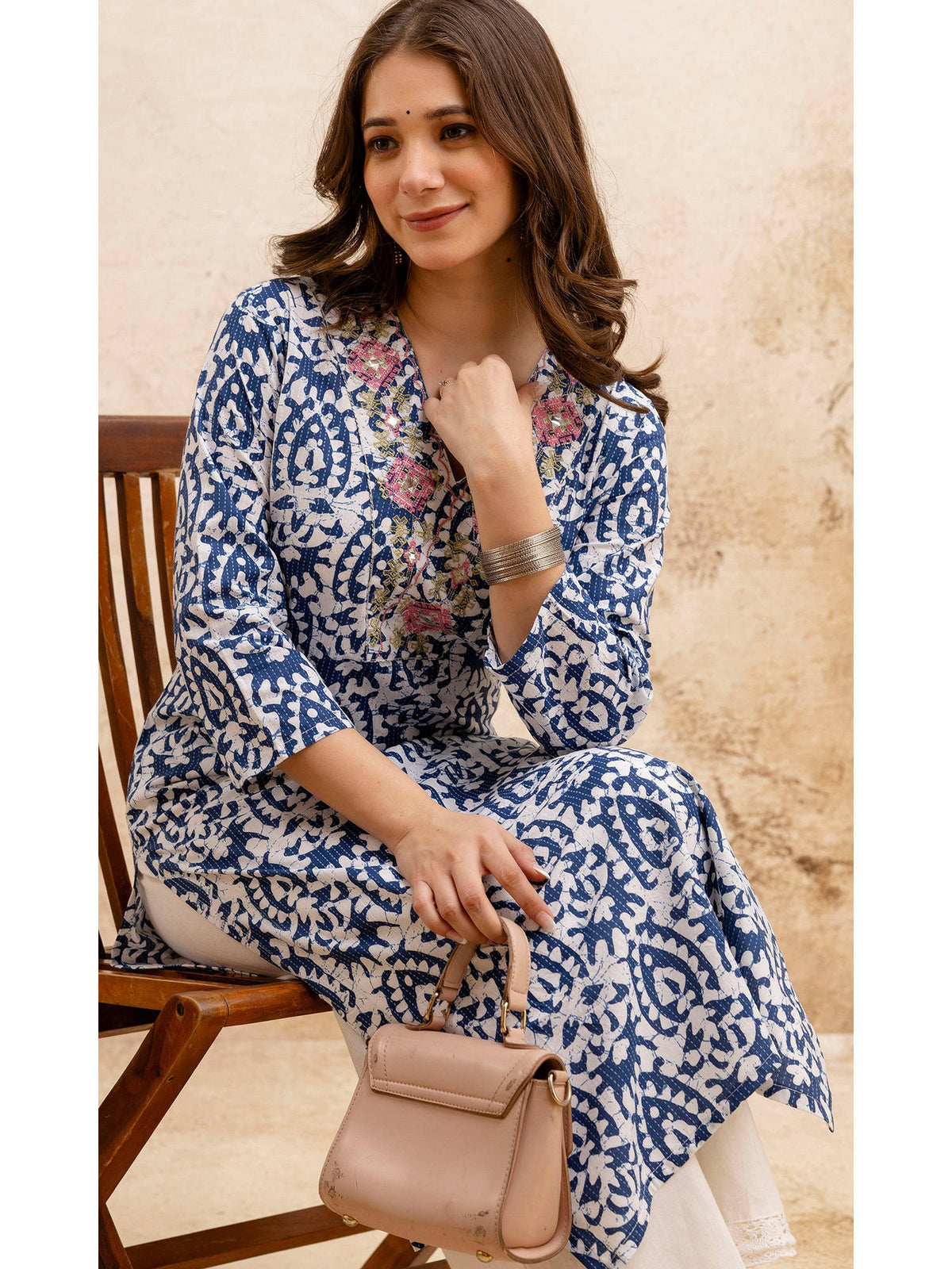 Blue Cotton Printed Embroidered Kurta | FY93 - view 1