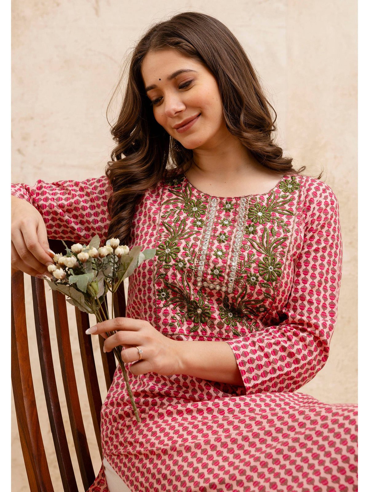 Pink Cotton Printed Embroidered Kurta | FY93 - view 1