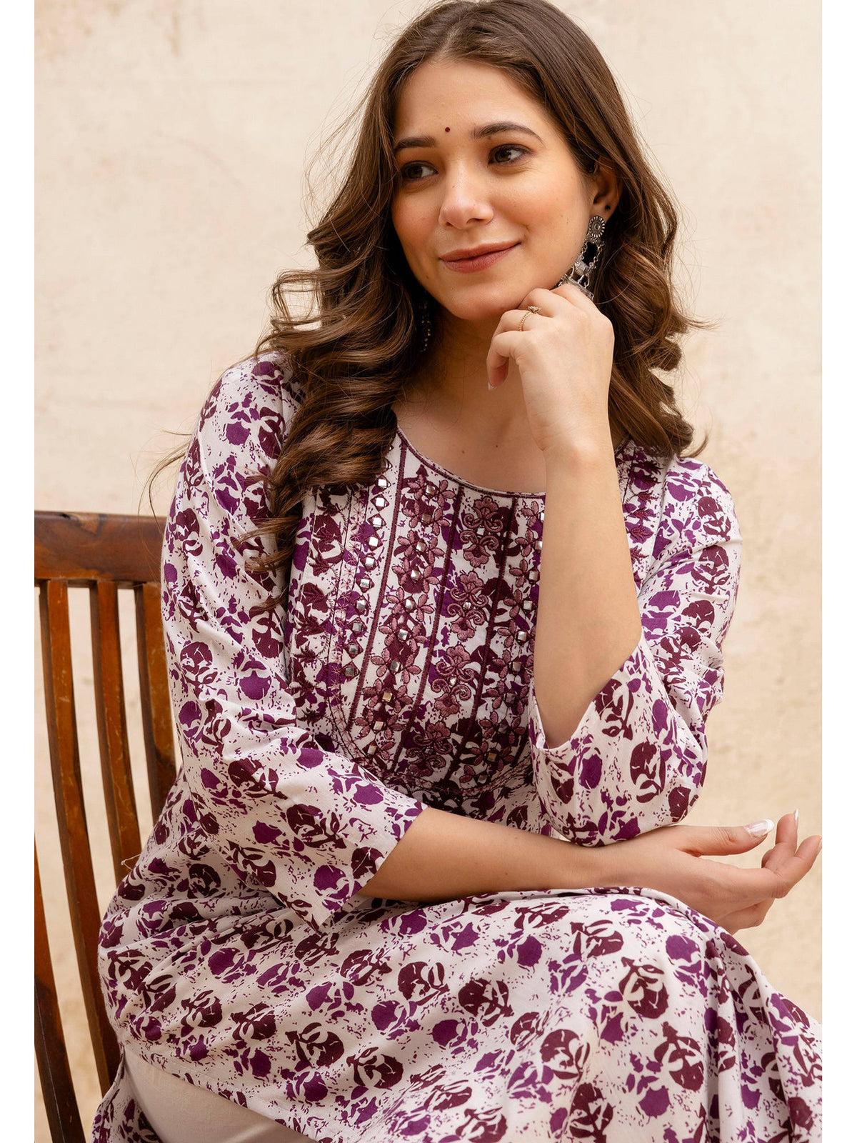 Purple Cotton Printed Embroidered Kurta | U3S - view 1