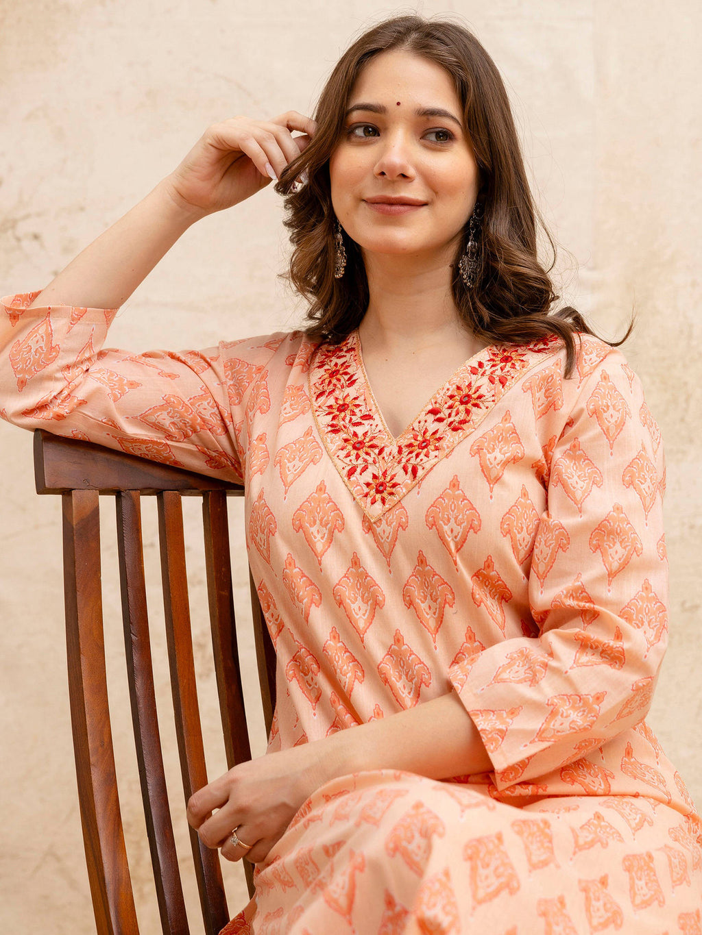 Peach Cotton Printed Embroidered Kurta | FY93 - view 1