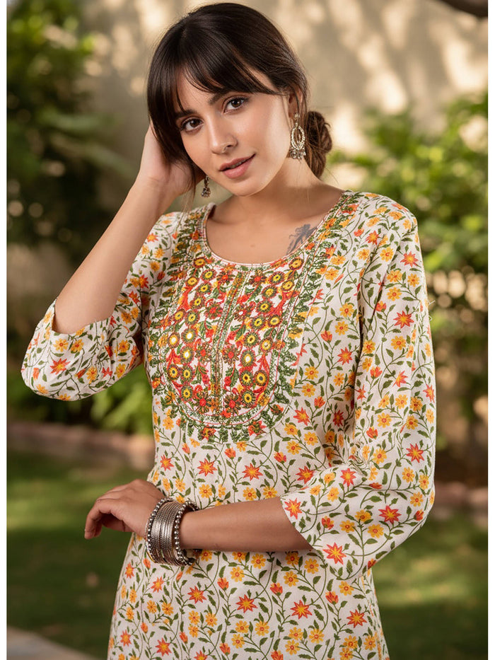 Multi-Color Cotton Printed Embroidered Kurta | U3S - view 1