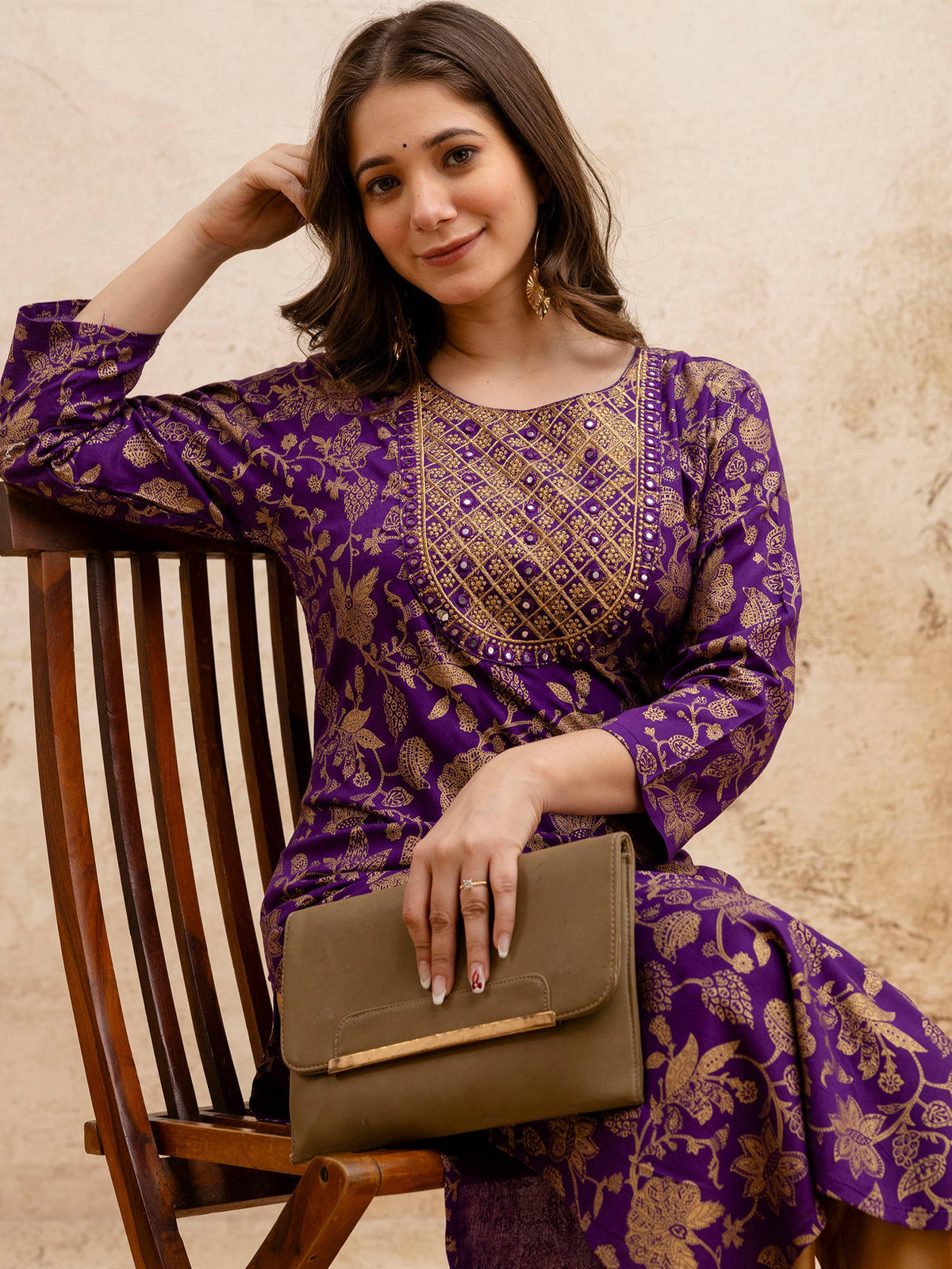 Purple Cotton Printed Mirror Work Kurta | KDG - view 1