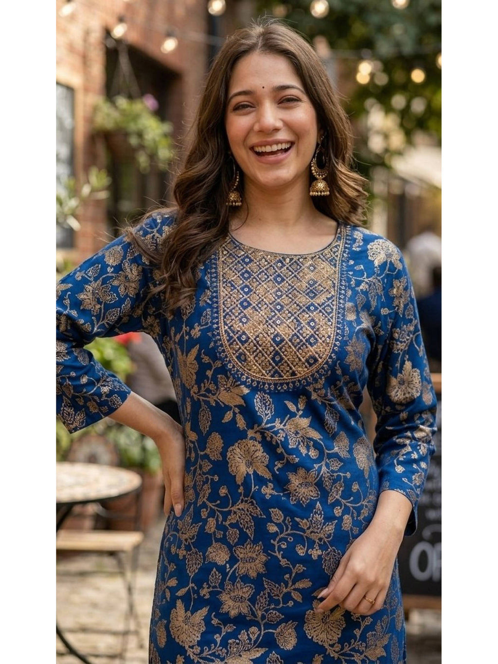 Blue Cotton Printed Mirror Work Kurta | KDG - view 1