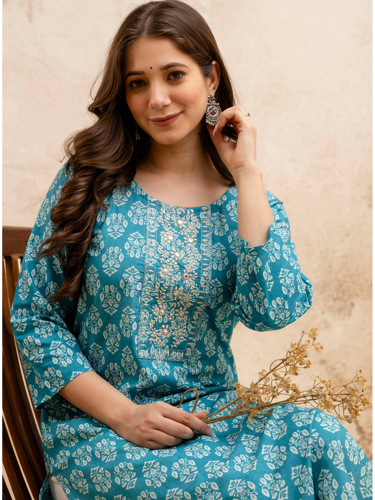Blue Cotton Floral Printed Embroidered Kurta | FY93 - view 1