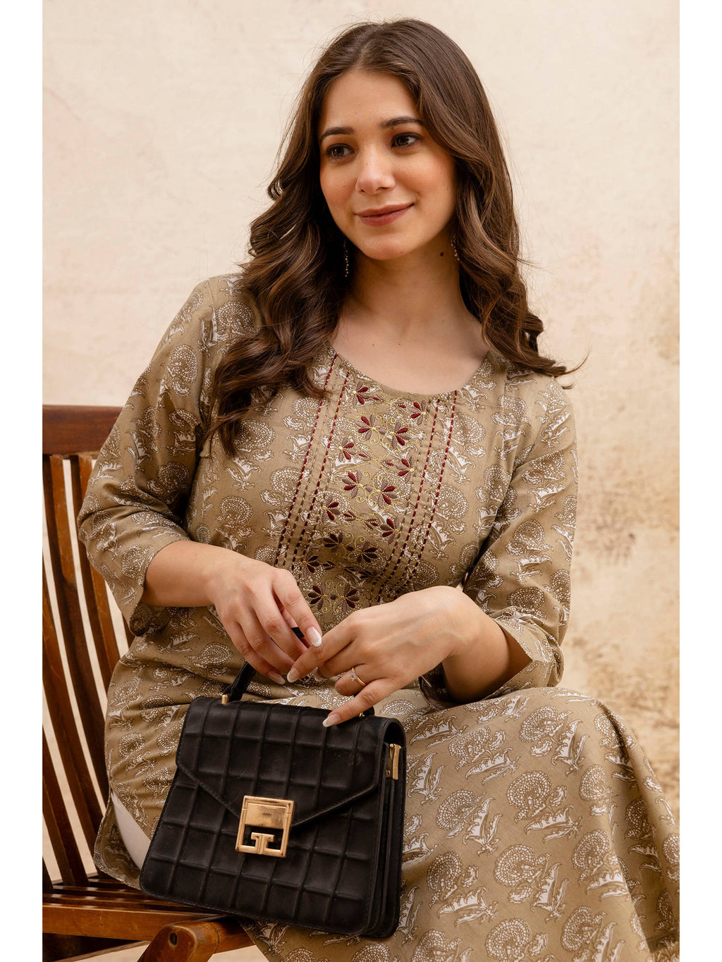 Beige Cotton Floral Printed Embroidered Kurta | FY93 - view 1