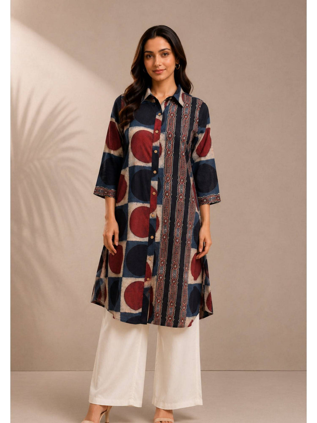 Indraneel Placement Ajrakh Cotton Dobby Shirt Kurta | U3S - view 1