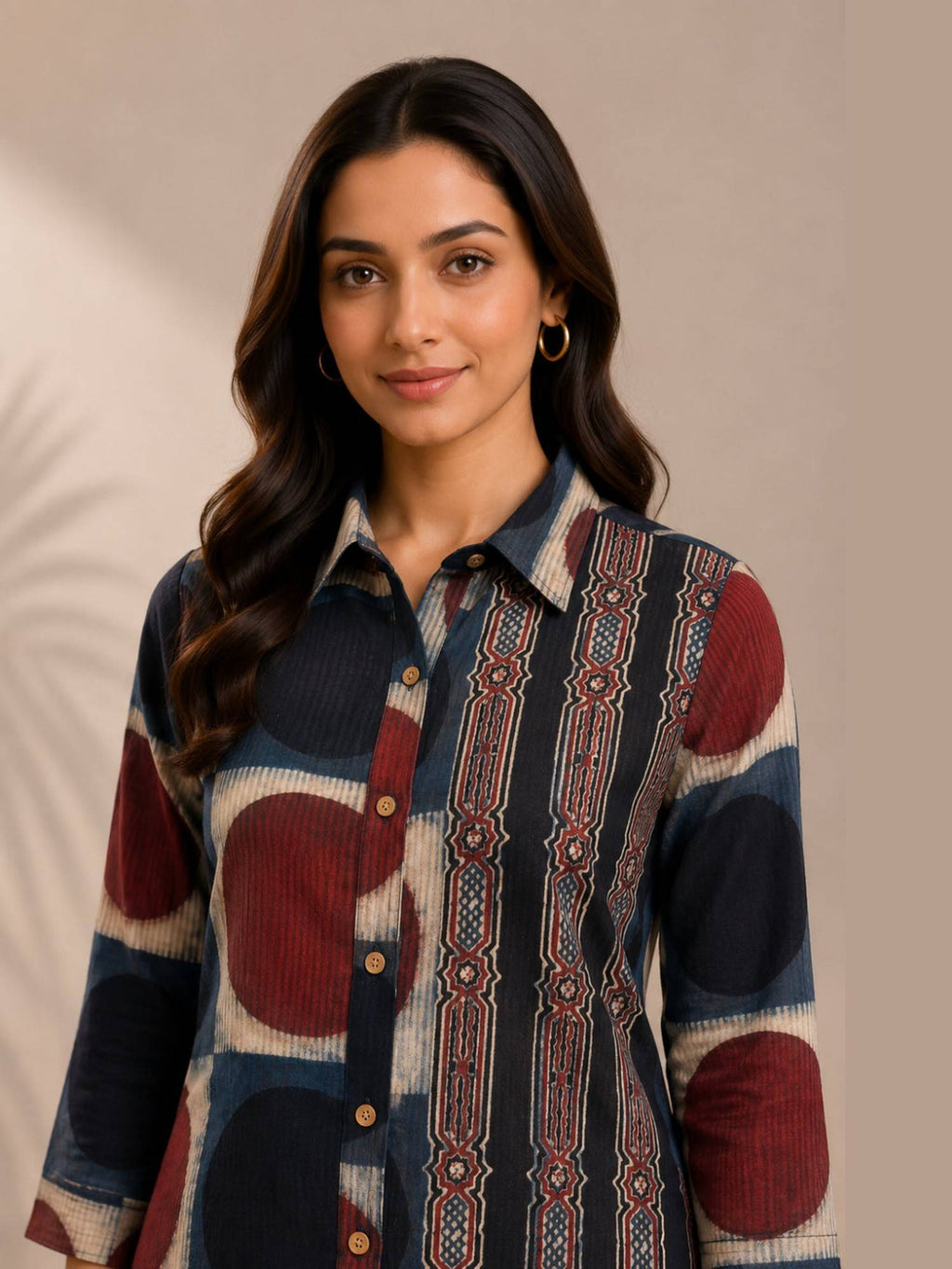 Indraneel Placement Ajrakh Cotton Dobby Shirt Kurta | FY93 - view 3