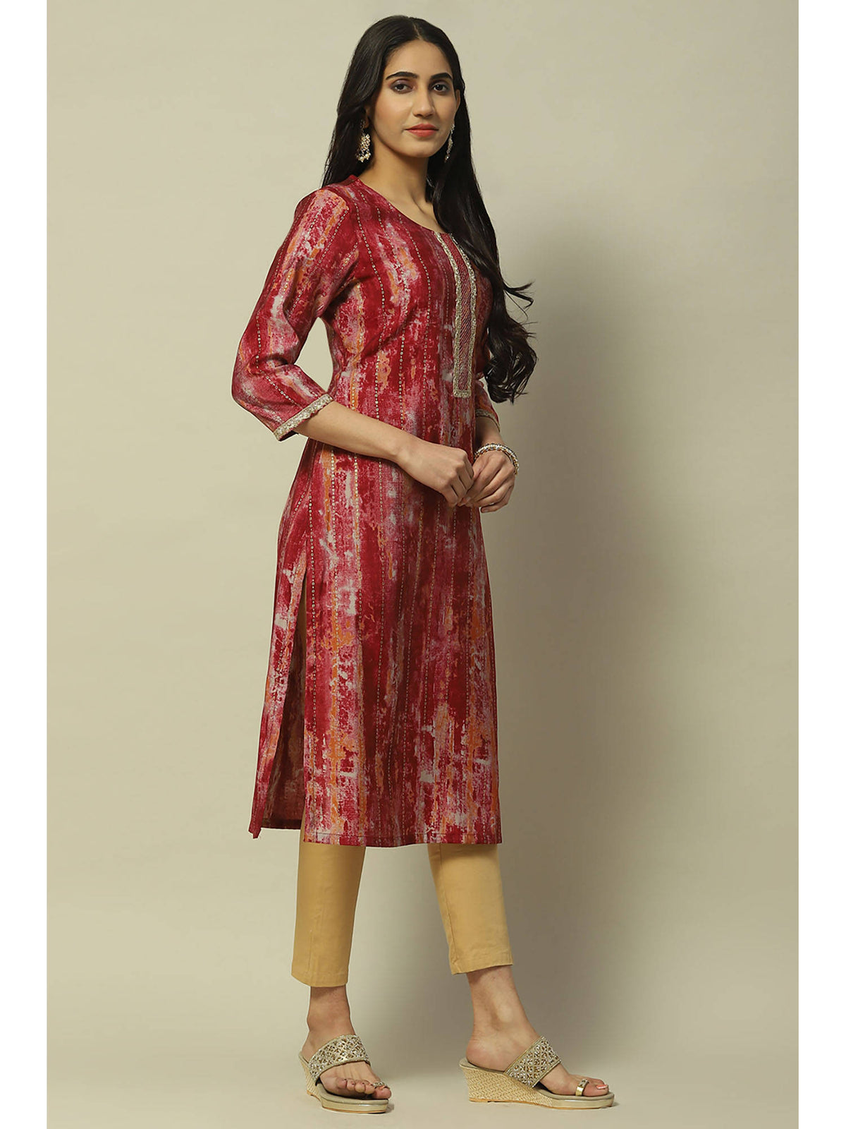 Maroon Viscose Blend Straight Kurta | KDG - view 5