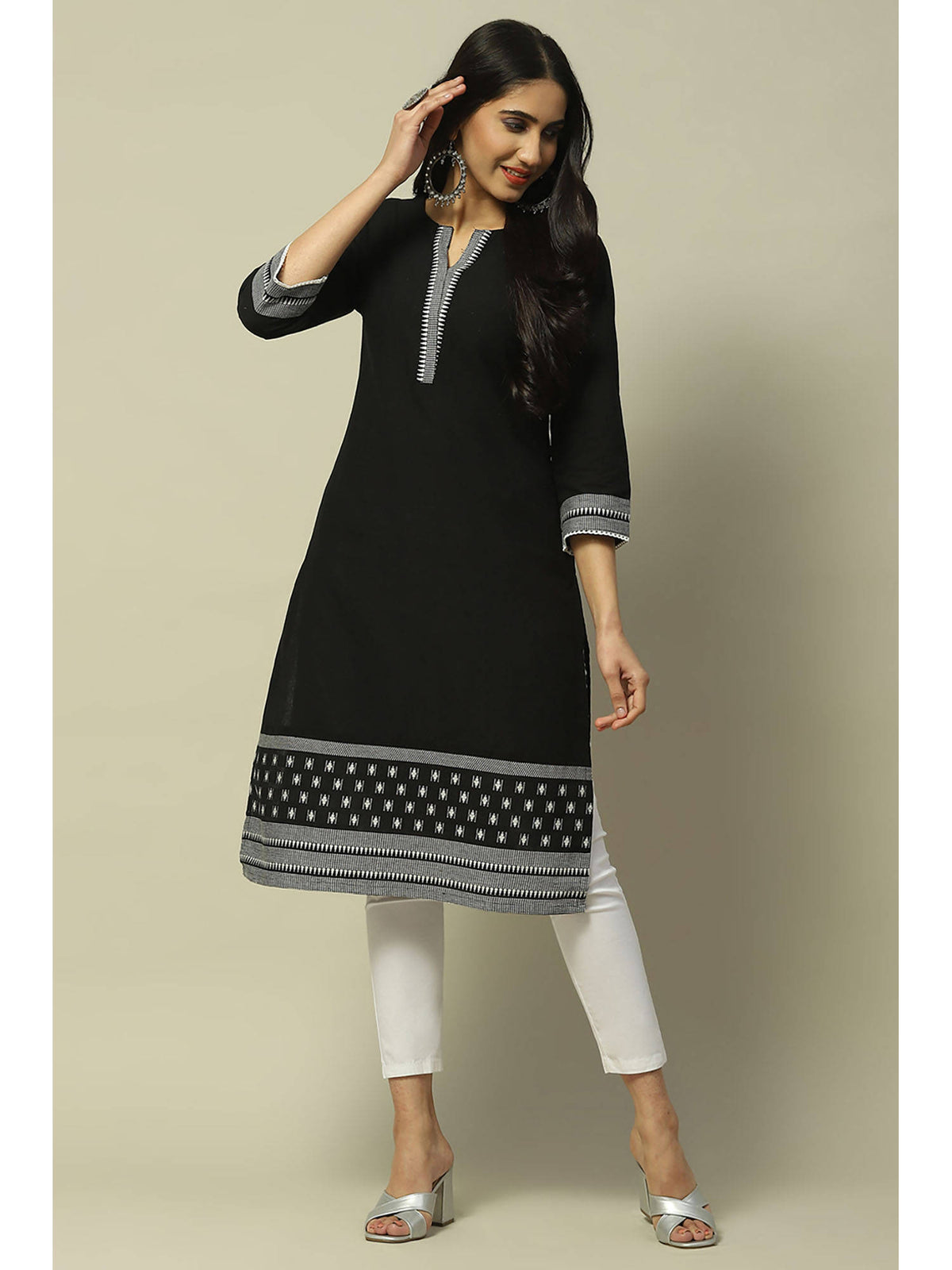 Black Cotton Straight Kurta | FY93 - view 1