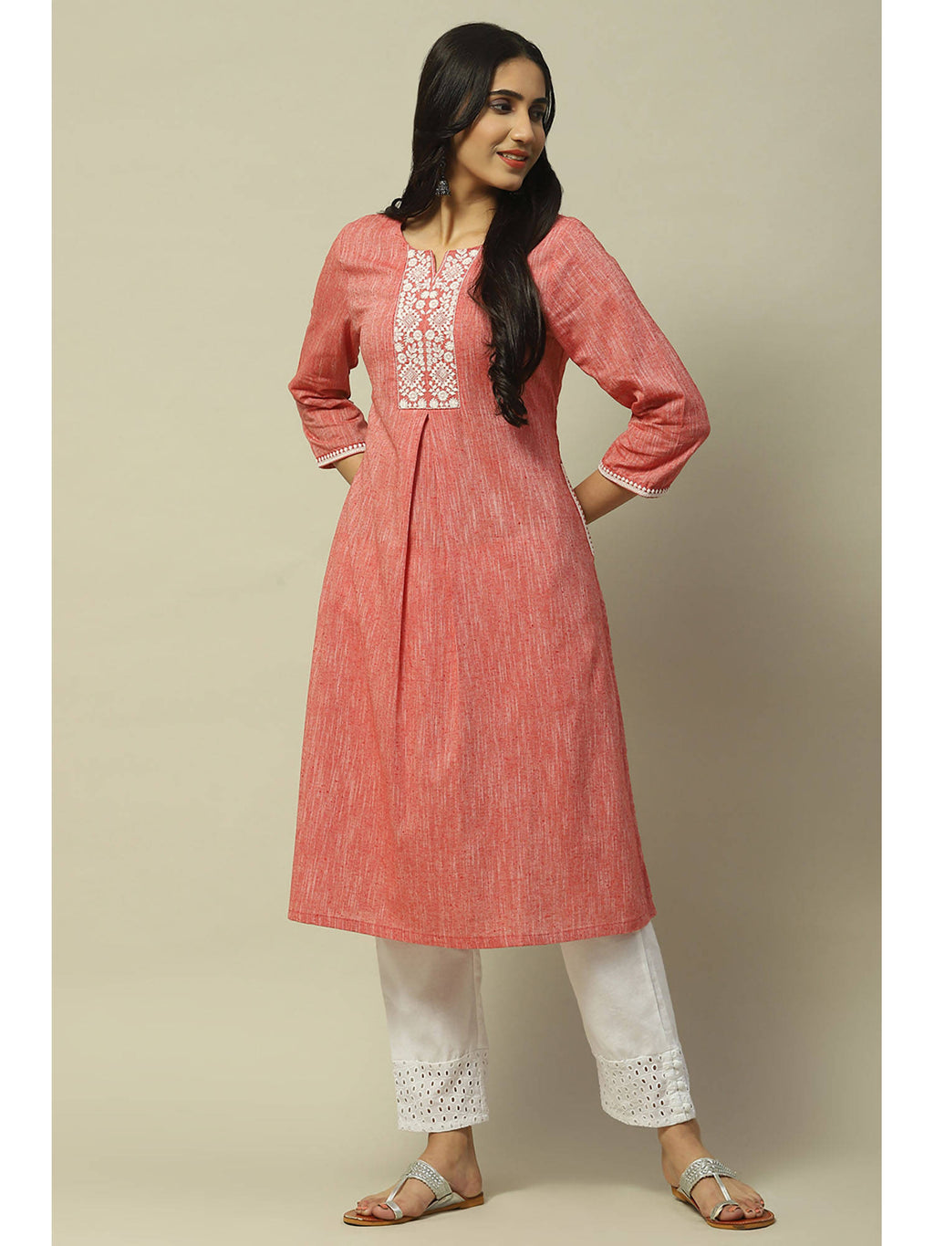 Peach Poly Cotton Straight Kurta | U3S - view 1